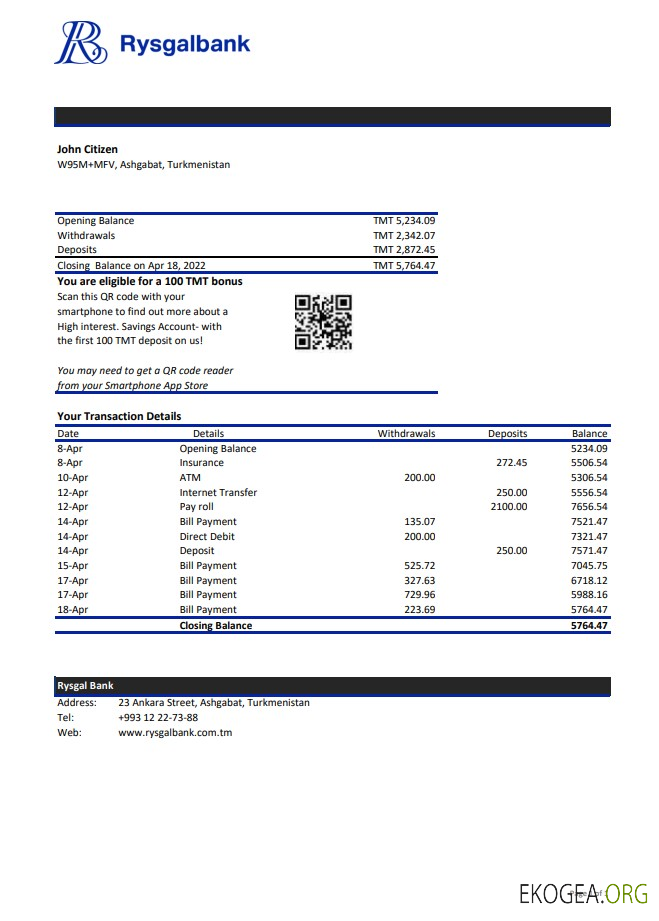 Relevé bancaire Turkménistan Rysgal xls